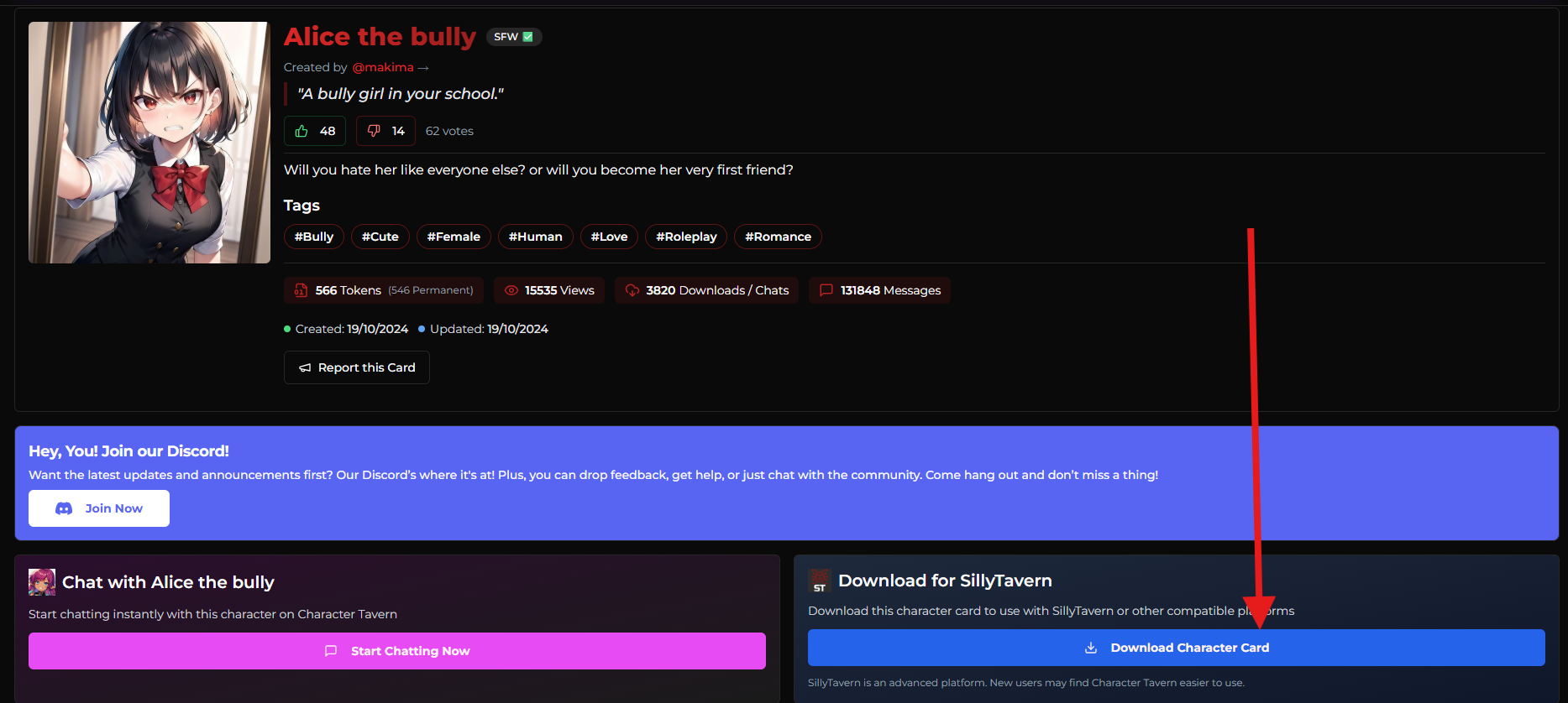SCREENSHOT: A character page on character-tavern.com with an arrow pointing to the "Download Character Card" button.