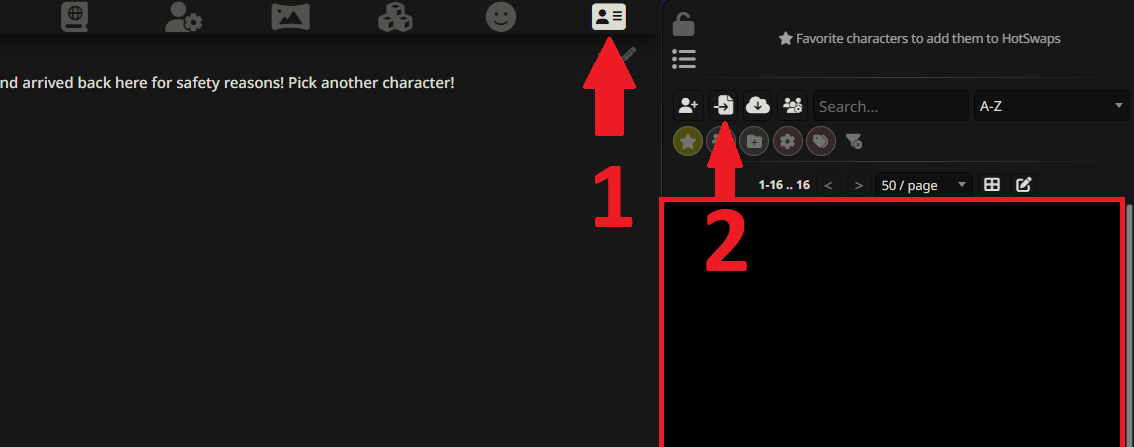 SCREENSHOT: The SillyTavern character selection screen with an arrow pointing to the "Import Character" button.