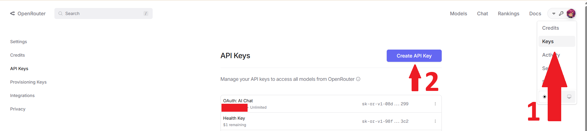 SCREENSHOT: OpenRouter's dashboard showing the "Keys" page and "Create Key" button.