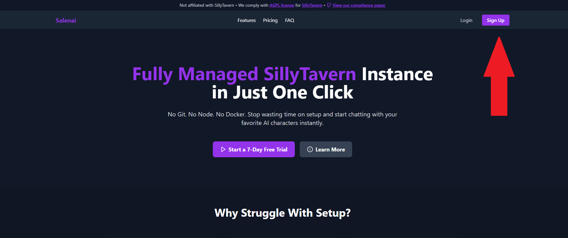 SCREENSHOT: Salenai's homepage showing the "Sign Up" button.