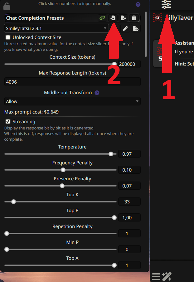 SCREENSHOT: The Prompt Formatting panel with an arrow pointing to the Import and Save buttons.