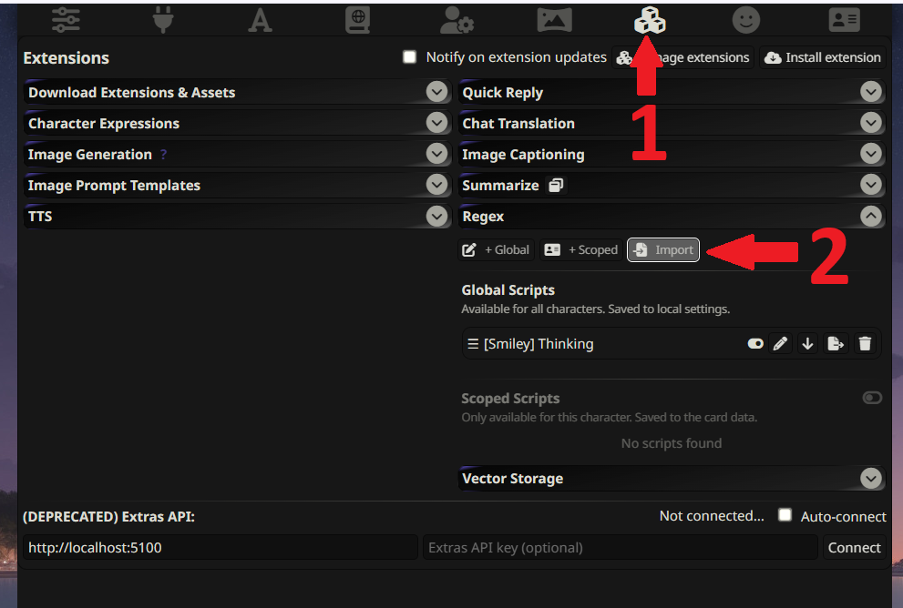 SCREENSHOT: The Extensions panel with the Regex toggle enabled.
