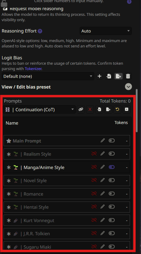 SCREENSHOT: The Chat Completion Presets panel showing configuration toggles at the bottom.